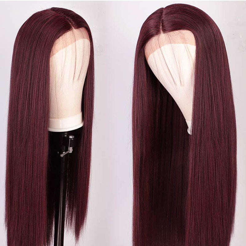 18-26inch Wine Red Long Lace Front Wig Silky Straight 99j Syntheitc Wig for Women Cosplay Wigs For Part Daily Headband Wig