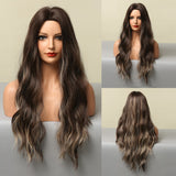 Long Wavy Ombre Black Brown Golden Blonde Synthetic Wig Natural Middle Part Heat Resistant Hair Wigs For Black Women Afro