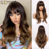 Long Water Wavy Synthetic Wigs with Bangs Natural Wave Dark Brown Cosplay Hair Wig for Women African Heat Resistant Fiber