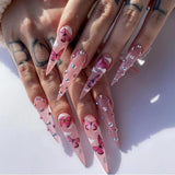 Xpoko 24Pcs Almond False Nails Pointed Head Wearable Fake Nails Pink Leopard Print Design Stiletto Press on Nails Full Cover Nail Tips