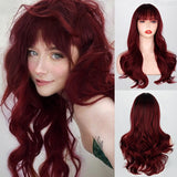 Back to School FEELSI Long Wavy Hairstyle Ombre Wine Red Wig With Bangs For  Women Cosplay Lolita Synthetic Wig High Temperature Fiber