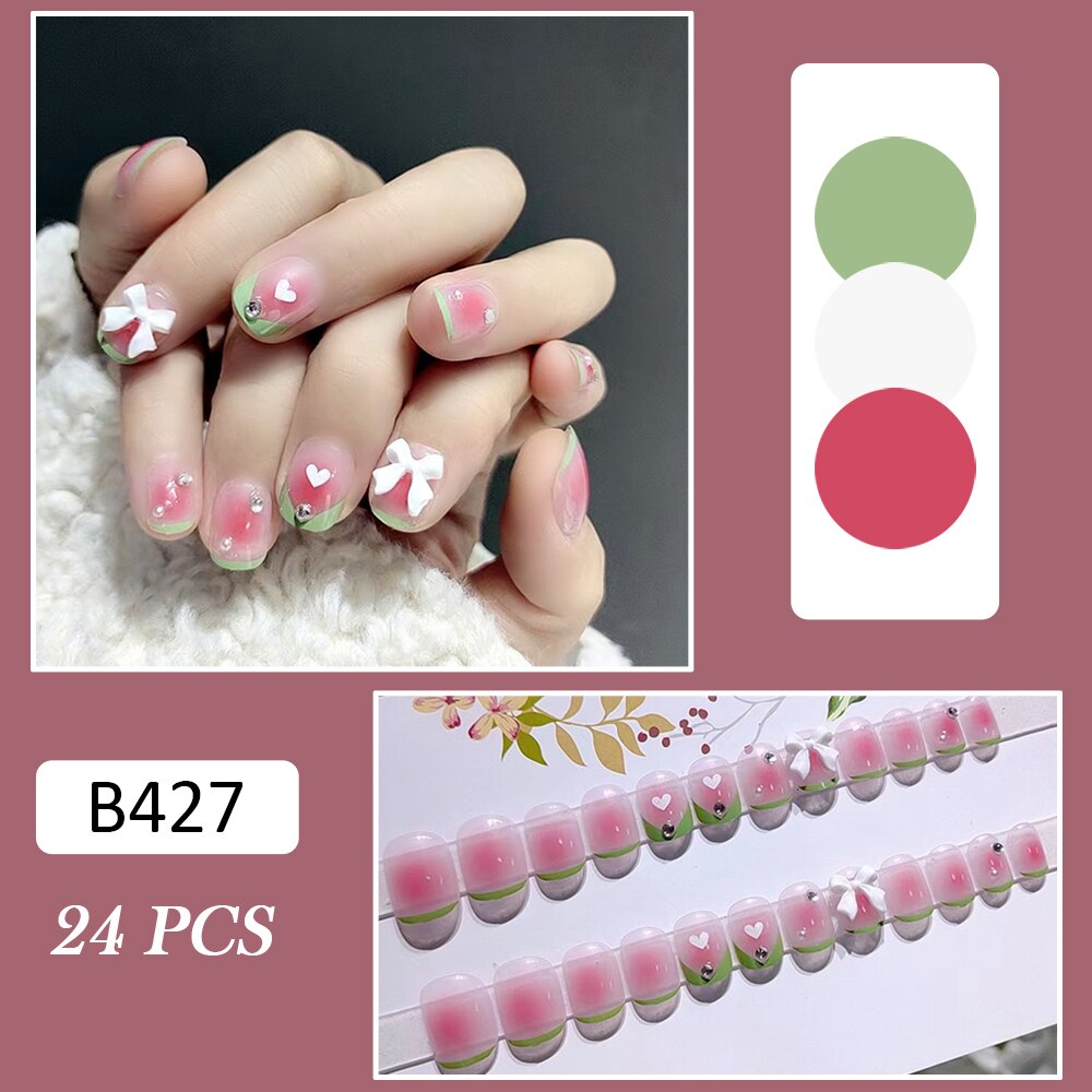 Fall nails Barbie nails Christmas nails 24PCS Mid Length Press on Nails 3D Shiny Rhinestones Design Fake Nails Full Coverage Wearable Artificial Nails Tips Manicure