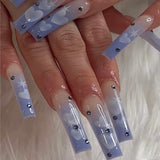 JP1596 Ombre Blue Nails set Press on with Diamonds design