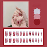 Xpoko 24Pcs/Box Detachable Coffin False Nails Red Heart Design Wearable Long Ballerina Fake Nail With Bow Almond Line Full Cover Nail