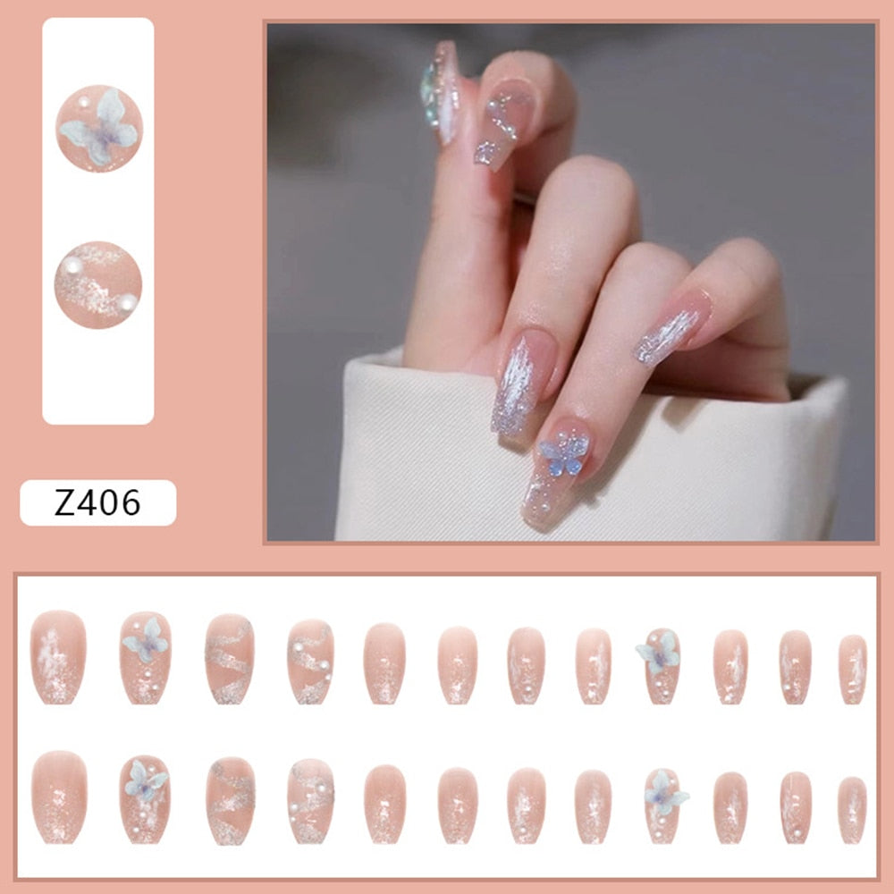 Fall nails Barbie nails Christmas nails 24PCS Coffin Head Fake Nail Glitter Crystal Design Removable Wearable Press on Nails Full Cover Artificial Nail Tips Manicure