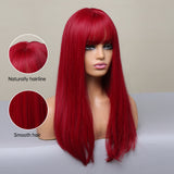 Xpoko EASIHAIR Long Straight Wine Red Synthetic Wigs With Bang For Women Heat Resistant Natural Hair For Daily Halloween Cosplay Party