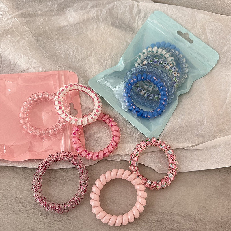 Barbie aesthetic Back to school  6Pcs/set Summer New Candy Color Telephone Wire Elastic Hair Rope Frosted Spiral Cord Rubber Band Hair Tie Stretch Head Band