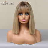 Xpoko EASIHAIR Brown Golden Women's Wigs With Bangs Medium Length Straight Hair Heat Resistant Synthetic Wigs For Women Daily Cosplay