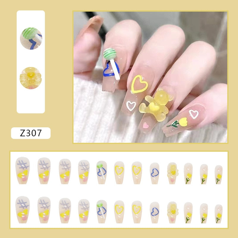 Z307 Yellow Theme Cute Nails Set Press on Long Length