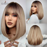 Xpoko EASIHAIR Brown Golden Women's Wigs With Bangs Medium Length Straight Hair Heat Resistant Synthetic Wigs For Women Daily Cosplay