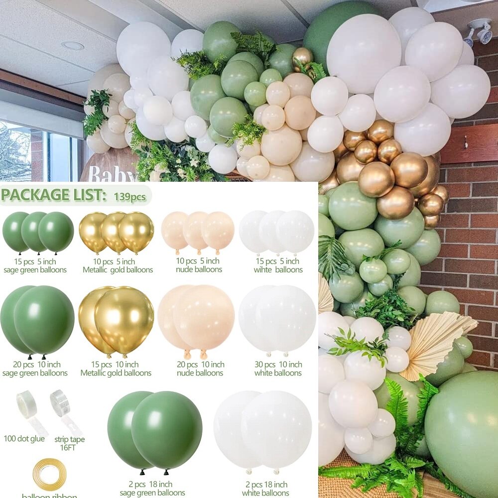Xpoko 1Set of Sage Green White and Metallic Gold Olive Nude 4D Balloon Garland Arch Set Birthday Party Baby Shower Wedding Decorations