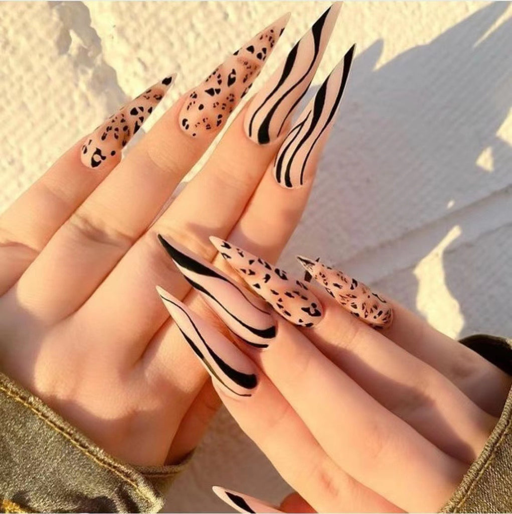 Xpoko 24Pcs Almond False Nails Pointed Head Wearable Fake Nails Pink Leopard Print Design Stiletto Press on Nails Full Cover Nail Tips