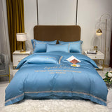 Xpoko Europe Solid Color Embroidered 100% Cotton Bedding Sets King Queen Size 4pcs Blue Quilt Cover Fitted Sheet Bedspread Pillowcases