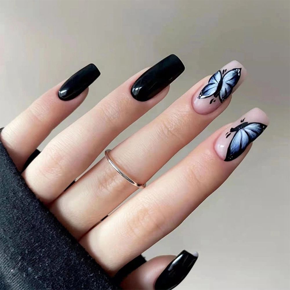 Xpoko Blue Black Butterfly Pattern Fake Nails Glossy Matte Long Coffin Ballerina False Nails With Press Glue Artificial Manicure Tool
