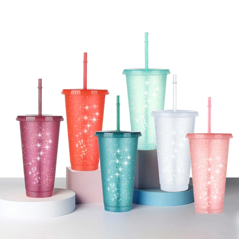 Xpoko Plastic Straw 5Pc Design Comfortable Sippy Cup 500Ml/700Ml Summer New Creative Water Cup Shiny Powder Sippy Cup