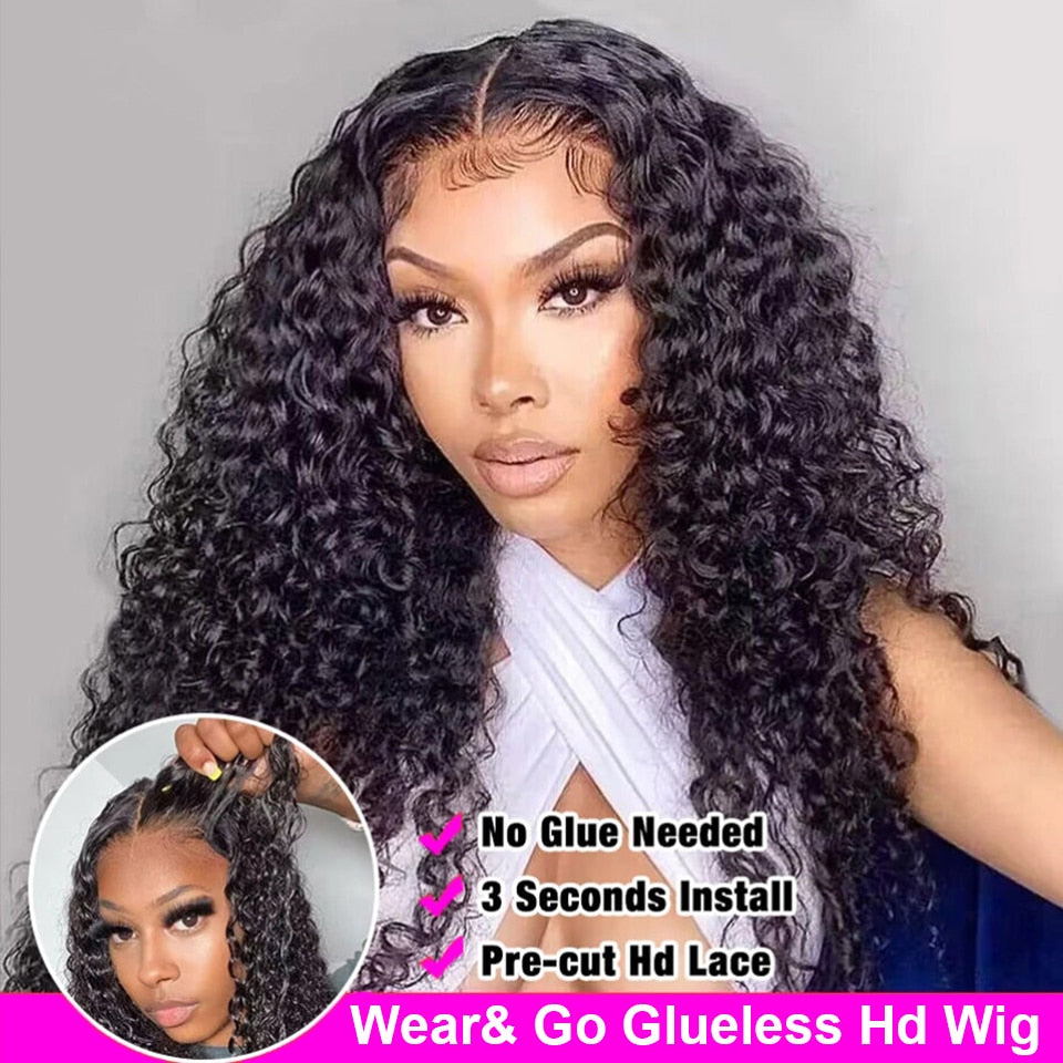 Xpoko 12A Water Wave Curly Glueless Human Hair Wigs For Women Pre-Cut Wear Go Glueless Wig 5x5 HD Lace Closure Breathable Air Wig