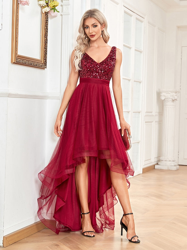 Xpoko Elegant Women V-Neck Sleeveless Sequin Floor Length Formal Evening Dress 2023 Red Prom Wedding Party Cocktail Dress