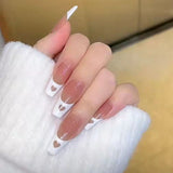 Xpoko 24Pcs/Box Middle Length Ballet Nude Pink Color False Nails With Design With Heart Pattern Artificial Nails With Jelly Glue TY