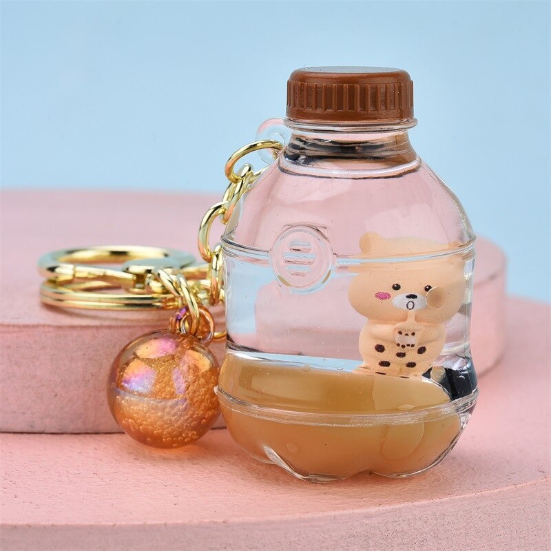 Xpoko Back to School Cartoon Oiled Pearl Milk Tea Cup Bear Keychain Brown Fashion  Milk Tea Bottle Bear Car Key Pendant Cute Bag Ornament Gift