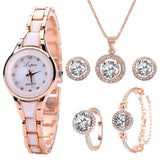 Xpoko New Luxury Ladies Watch 6Pcs Set Bracelet Necklace Earrings Rings Round Watch Full Diamond Women Watch Fashion Crystal Quartz 