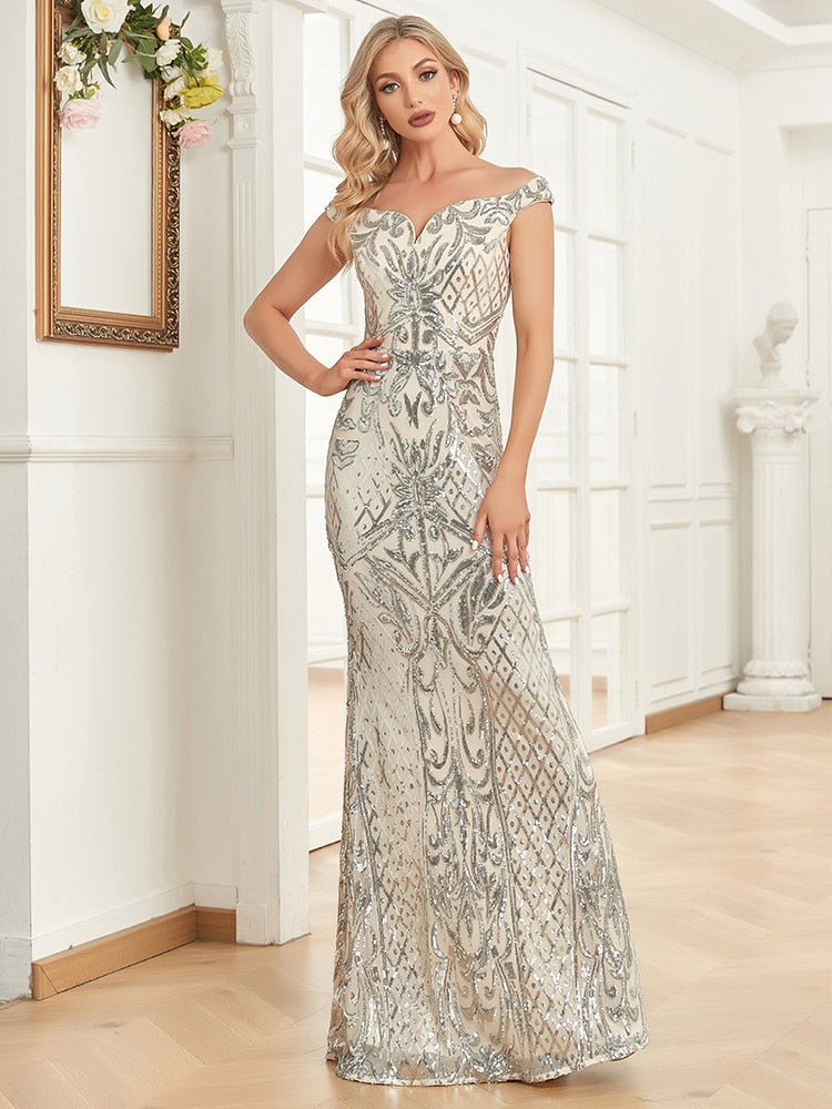 Xpoko Elegant V Neck Silver Sequin Evening Dress 2023 Women Sleeveless Party Maxi Mermaid Dress Long Luxury Prom Gown Dress