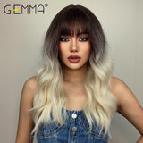 Synthetic Wig Long Wave Ombre Brown White Blonde Wavy Wigs With Bangs For Women Party Cosplay Heat Resistant Fiber Hair