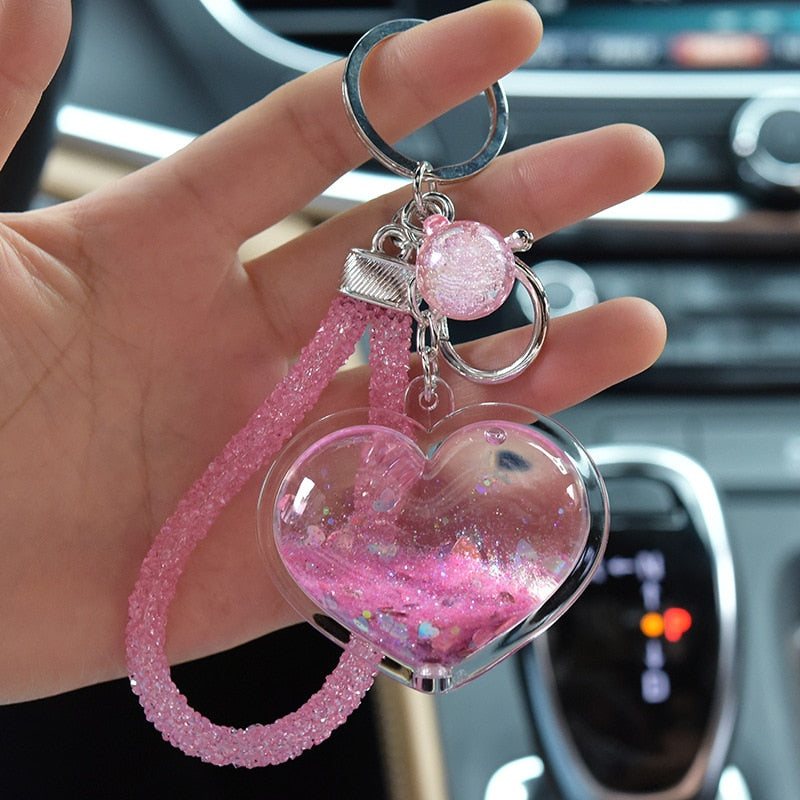 Back to School Floating Liquid Sequins Heart Love Shape Keychain Glitter Quicksand Keyring Car Bag Trinket Pendant For Women Gift Key Fob
