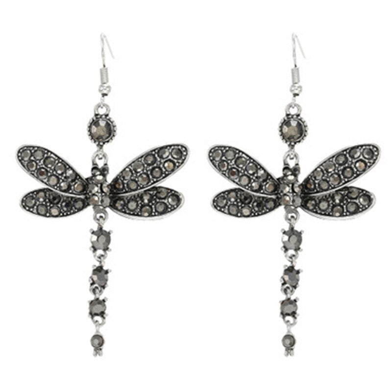 Xpoko Retro Women Rhinestone Inlaid Dragonfly Shaped Tassel Long Earrings Charm Hook Earrings Jewelry Earrings For Woman's Accesories