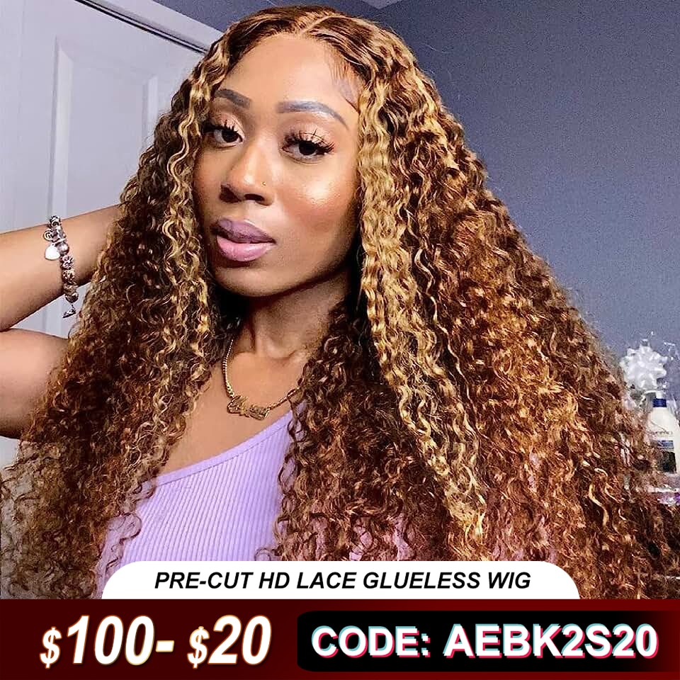 Xpoko 12A Glueless Wear And Go Pre Cut HD Lace Closure Wig 4-27 Highlight 5x5 Breathable Air Wig Deep Wave Human Hair Wigs For Women