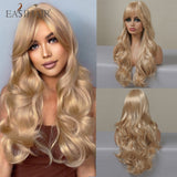 Xpoko EASIHAIR Platinum Blonde Wavy Wigs With Bangs Natural Heat Resistant Long Hairs With Dark Root For Women Daily Party Cosplay