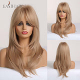 Xpoko EASIHAIR Brown Golden Women's Wigs With Bangs Medium Length Straight Hair Heat Resistant Synthetic Wigs For Women Daily Cosplay