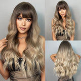 Synthetic Wig Long Wave Ombre Brown White Blonde Wavy Wigs With Bangs For Women Party Cosplay Heat Resistant Fiber Hair