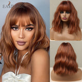 Xpoko EASIHAIR Medium Water Wave Synthetic Wigs With Bangs Wine Red Bob Curly Hair Wigs For Women Heat Resistant Fiber Daily Cosplay