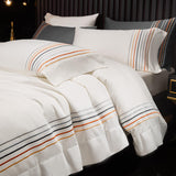 Xpoko 100% Cotton Bedding Set Luxury 4pcs White Stripe Embroidered Solid Color Hotel Duvet Cover Bed Sheet Pillowcases King Queen