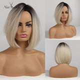 Back to School Short Straight Ombre Brown Blonde Bob Wig With Bangs Synthetic Hair Wig For Women Cosplay Lolita Heat Resistant Fiber