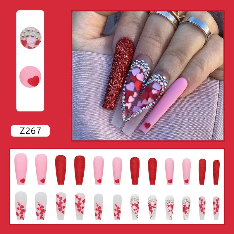 Z267 Charming Rhinestone Design Nails Set Press on XL Length Fake Fingernails for Wedding Party