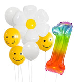 Xpoko 9 Pack White Daisy Flowers And Latex Smiley Balloons 1-9 Foil Number Balloons Happy Birthday Party Decorations Kids DIY Party