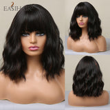 Xpoko EASIHAIR Long Bobo Brown Wigs With Bang Medium Length Curly Wavy Synthetic Wigs For Women Daily Party Heat Resistant Fiber Hairs