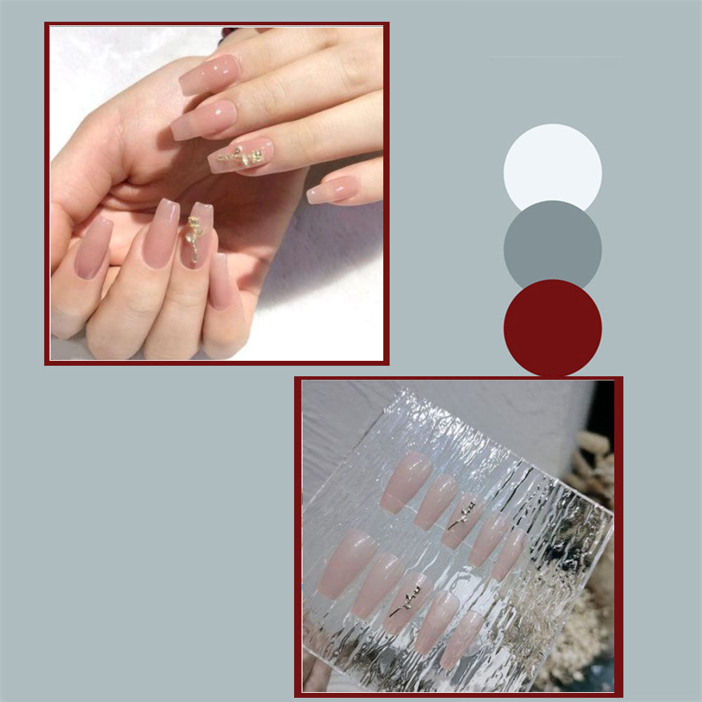 Xpoko 24Pcs Coffin French Nail Crystal AB Shine Decorative False Nails Long Ballerina Rhinestones Press On Artificial False Nail Tip