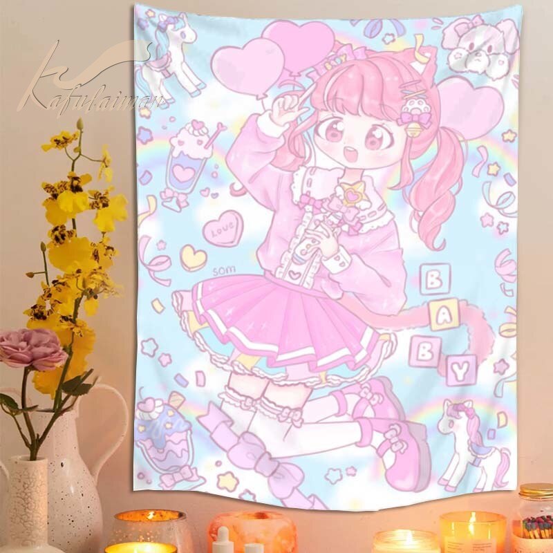 Cute Girl Wall Hanging Tapestry Anime Pink Fashion Ladies Wall Decor Cloth Bedroom Background Tapestry Top Home Decor