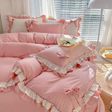 Xpoko back to school Pink Girl Bedding Set Luxury Princess Ruffle Bow Bed Linen Thicken Warm Washed Cotton Quilt Cover Sheet Pillowcase Decor Bedroom