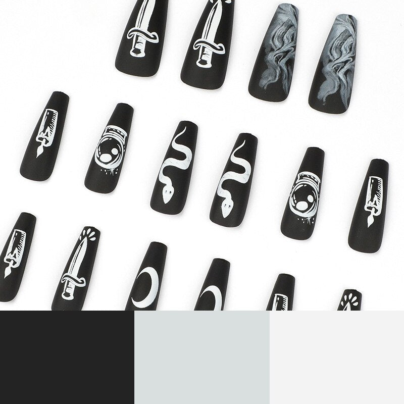 JP1555 Black Nails Set Press on Medium Length with Dark Magic Pattern Design