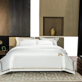 Xpoko High-end Hotel Bedding Set Luxury Gold Stripe Embroidery White Egyptian Cotton Duvet Cover Bed Sheet Pillowcases Home Textile