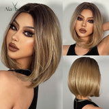 Back to School Short Straight Ombre Brown Blonde Bob Wig With Bangs Synthetic Hair Wig For Women Cosplay Lolita Heat Resistant Fiber