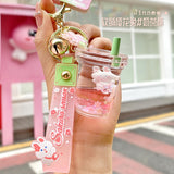 Back to School Creative Floating Cherry Blossoms Rabbit Keychain Liquid Oil Rabbit Moving Milk Tea Cup Acrylic Keyring Quicksand Key Chain Gift