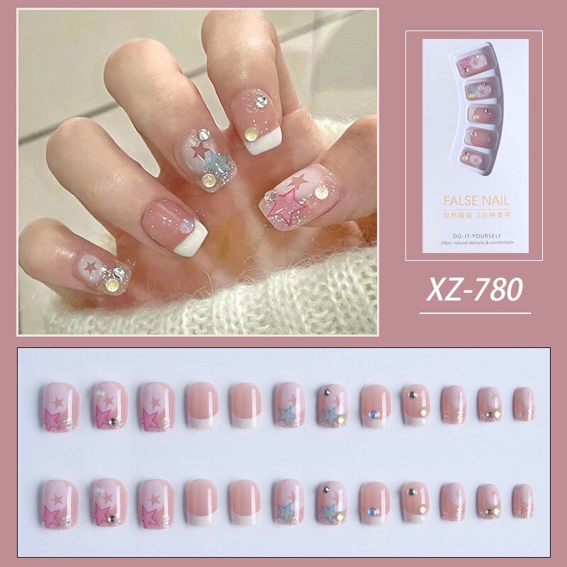 Xpoko Fall nails Barbie nails Christmas nails 24pcs y2k Star False Nails Patch Coffin Glitter Design Wearable Press on nail Full Cover French Style Acrylic Nails Tip for Girl