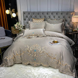 Xpoko Luxury Chic Embroidery Bedding Set Beige Satin Cotton Duvet Cover Bedspread Bed Sheet Pillowcases Solid Color Home Textile