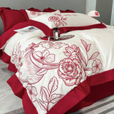 Xpoko Egyptian Cotton Bedding Set Red Flowers Embroidery Duvet Cover Soft Bed Sheet Pillowcases Bed Sets Home Textile Queen King Size