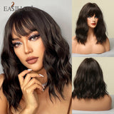 Xpoko EASIHAIR Medium Water Wave Synthetic Wigs With Bangs Wine Red Bob Curly Hair Wigs For Women Heat Resistant Fiber Daily Cosplay