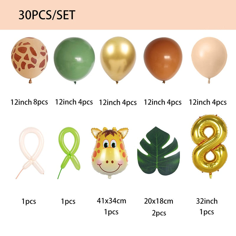 Xpoko 30Pcs Jungle Safari Animal Number Balloons Set Girraffe Print Balloon Kids Happy 1 2 3 4 5 6 Years Birthday Party Decorations